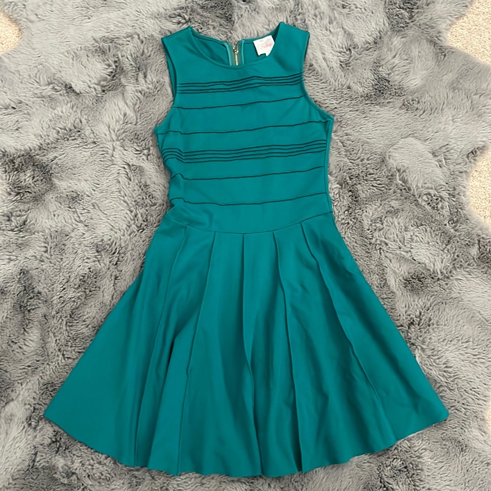 Parker Teal Pleated A-Line Flare Sleeveless Dress